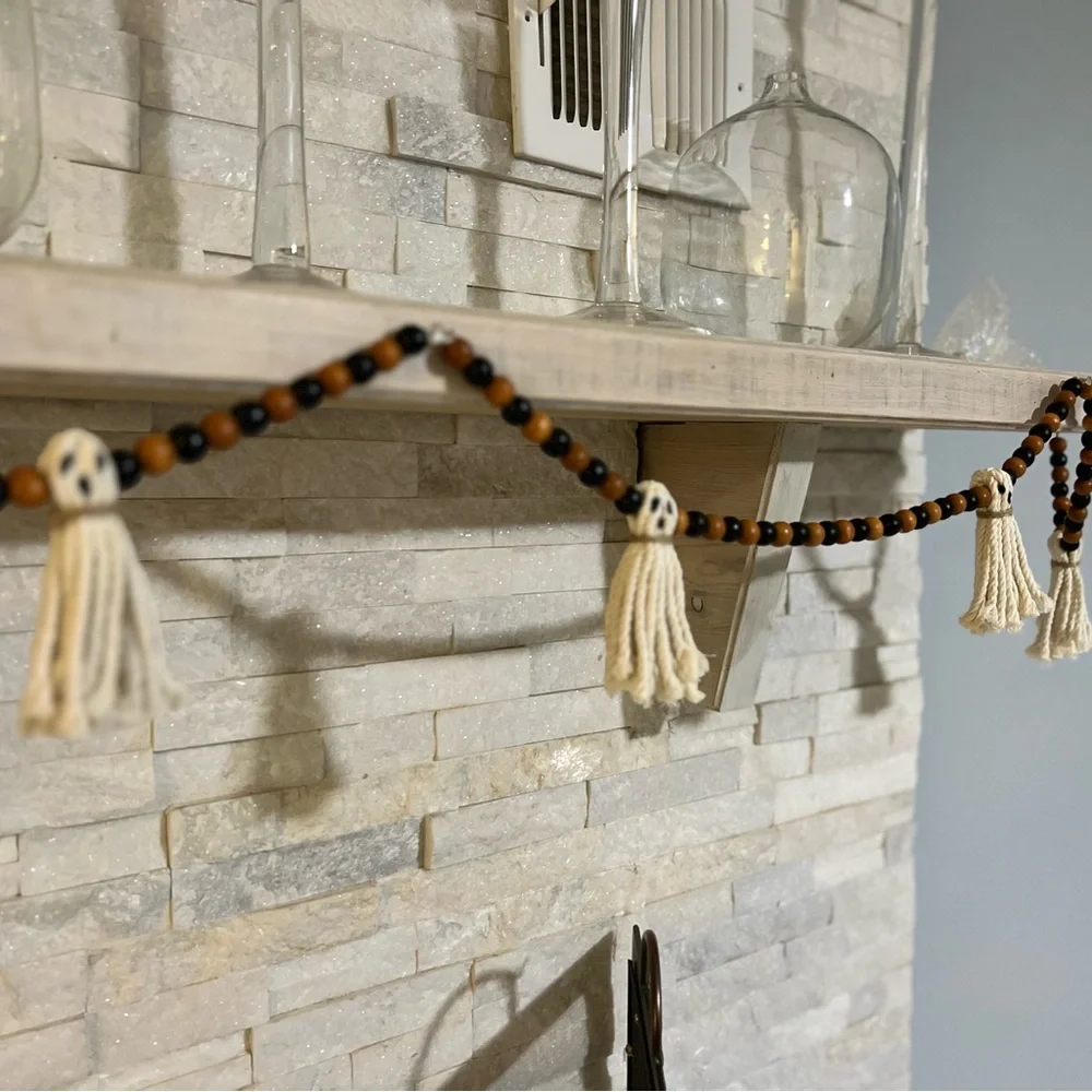 Wooden Halloween Garland 7Ft Ghosts Beaded Handmade Cottage Rustic Farmhouse